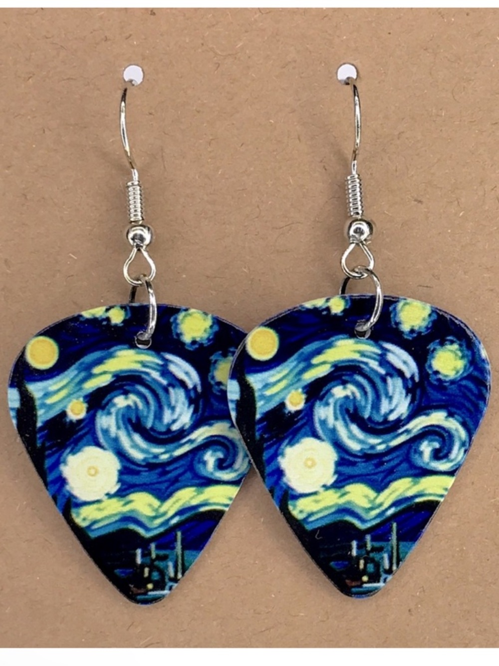 Starry Night Guitar Pick Dangle Earrings - Blue & Yellow Fashion Jewelry